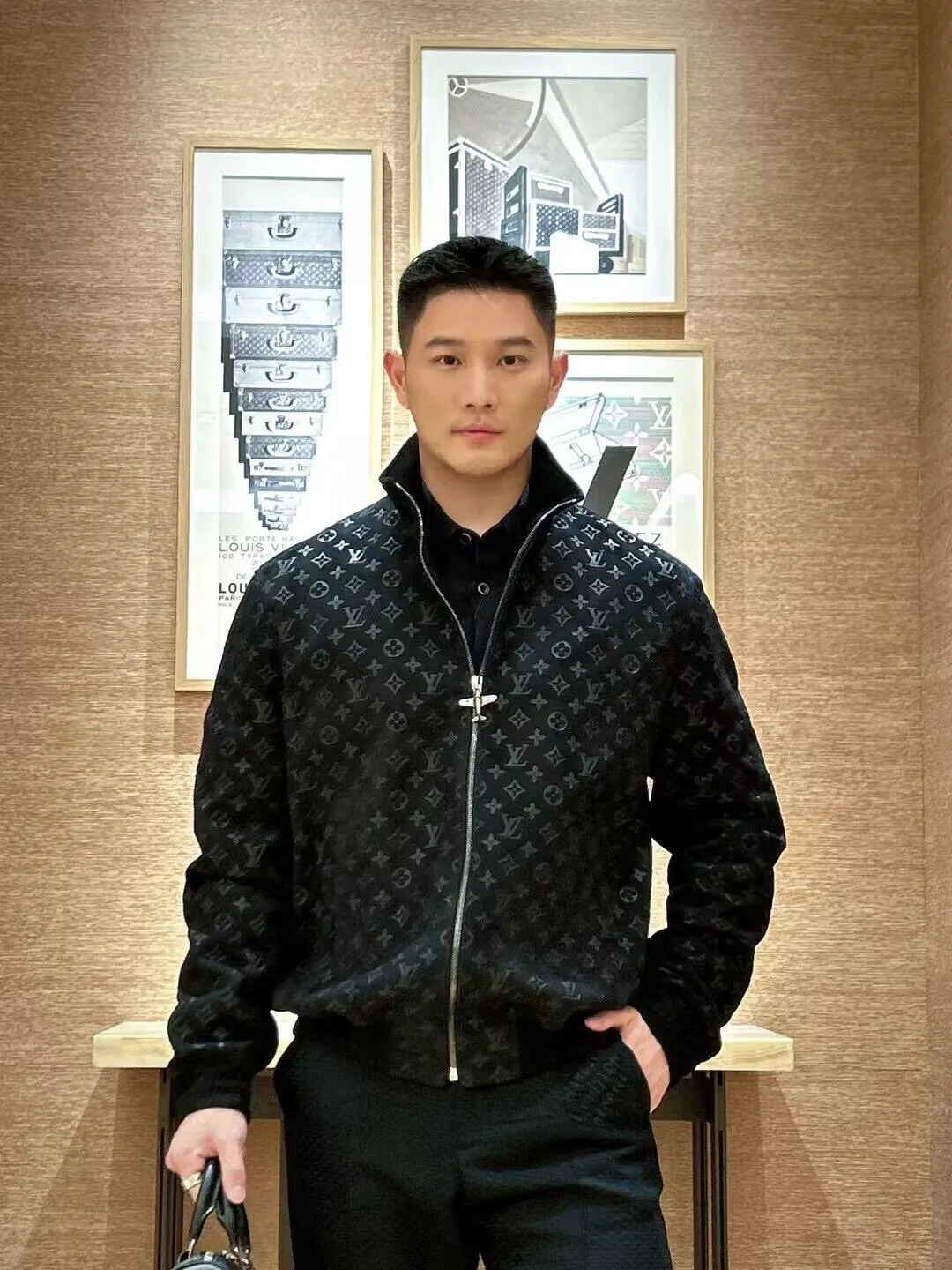 Louis Vuitton/Louis Vuitton aircraft button all-over printed embossed suede stand-collar jacket